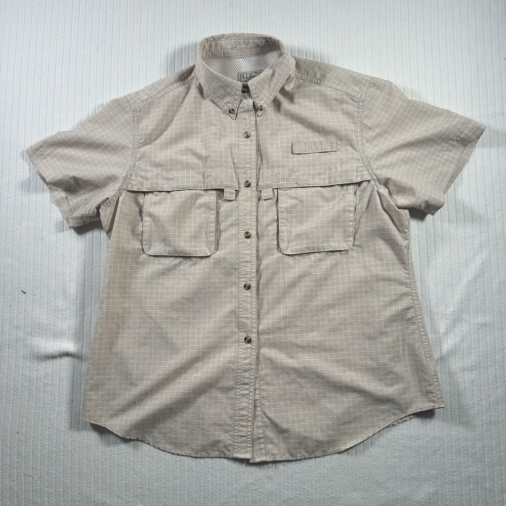 L.L. Bean Womens Large Beige Plaid Fishing Shirt Vented Outdoor Hiking Safari